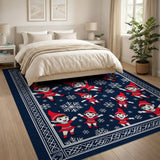 Whimsical Cartoon Elves Snowflakes Navy Area Rug