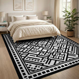 Black White Geometric Labyrinth Geometric Modern Area Rug