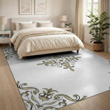 Gold and Silver Elegant Gold Ornate Floral Border Area Rug