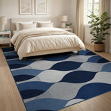 Blue and Teal Navy Blue Wavy Geometric Area Rug