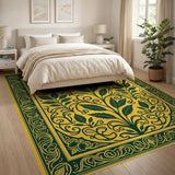 ODIKA Vintage Botanical Washable Area Rug - Yellow & Forest Green Low Pile Non-Slip Carpet