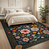 Vibrant Floral Multi-Color Area Rug with Gold Border