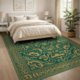 Ornate Emerald Green Persian Area Rug with Gold Motifs