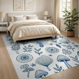 Whimsical Blue Mushroom Floral Meadow Rug