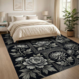 Ornate Peony Chrysanthemum Black White Area Rug