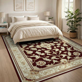 Washable Vintage Floral Area Rug - Burgundy Red, Low Pile, Non-Slip & Pet Friendly