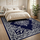 Navy Blue Traditional Persian Rug with White Mandala