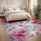 Pink Poppy Floral Area Rug on Grey