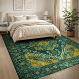 Teal Yellow Geometric Heritage Tribal Rug