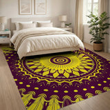 Yellow Sunflower Mandala Area Rug on Purple