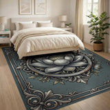 Ornate Framed Lotus Blue Teal Area Rug