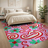 Festive Pink Candy Cane Holly Area Rug