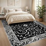 Ornate Black White Floral Scroll Area Rug