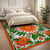 Vibrant Orange Floral Area Rug with Green Foliage