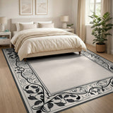 Ornate Black Vine Leaf Border Area Rug