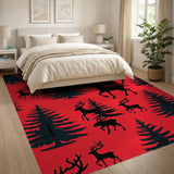 Bold Red Deer Pine Tree Silhouette Area Rug
