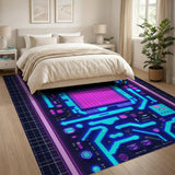 Washable Neon Cyberpunk Gaming Rug, Non-Slip Low Pile Circuit Area Rug