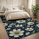 White Cosmos Floral Area Rug on Navy
