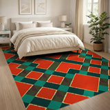 Vibrant Red Teal Geometric Diamond Area Rug
