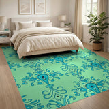 Teal Damask Floral Area Rug on Mint Green