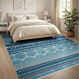 Blue Teal Geometric Southwestern Fringe Rug