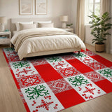 Red Plaid Holiday Rug with Green Embroidery