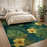 Yellow Hibiscus Monstera Leaf Green Area Rug