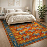 Vibrant Orange Elephant Motif Area Rug