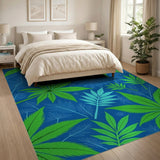 Stylized Green Leaves on Deep Blue Area Rug