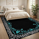 Ornate Teal Floral Butterfly Border Rug