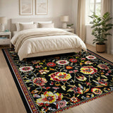 Persian Floral Area Rug Black with Red Yellow Blooms