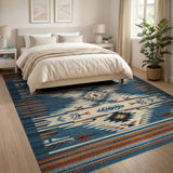 ODIKA Southwestern Washable Area Rug, Blue Tribal Geometric Low Pile Non-Slip Rug for Living Room Bedroom