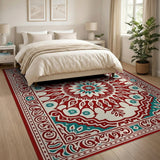 Red Persian Medallion Area Rug with Teal Accents