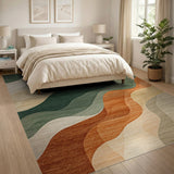 Washable Abstract Wavy Area Rug - Green & Earth Tones, Non-Slip Low Pile