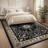 Ornate Black Floral Medallion Area Rug