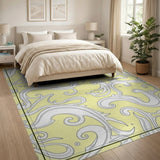 ODIKA Washable Low Pile Ornate Scroll Area Rug, Non-Slip & Pet Friendly, Yellow/White