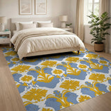 Yellow Blue Floral Bird Damask Area Rug