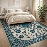 Traditional Persian Blue and Teal Teal Floral Medallion Persian Area Rug