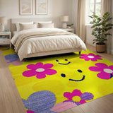 Playful Yellow Smiley Faces Colorful Flowers Area Rug