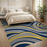 Navy Blue and Mustard Yellow Abstract Wave Area Rug