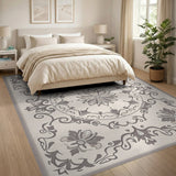 Ornate Grey Floral Medallion Area Rug