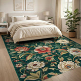 Green Emerald Green Peony Floral Vintage Area Rug