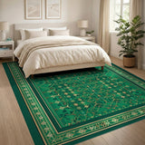 Emerald Green Persian Rug with Intricate Gold Patterns