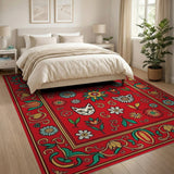 Red Persian Rug with Playful Cats Blooms