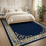 Blue and Teal Navy Blue Ornate Gold Border Area Rug