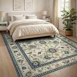Ivory Blue Floral Traditional Persian Area Rug