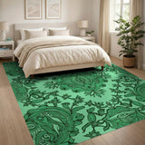 Ornate Green Floral Swirl Area Rug