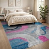 Abstract Grey Rug with Pink Circles Blue Waves