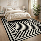ODIKA Modern Black & White Washable Area Rug - Low Pile Geometric Labyrinth Rug, Non-Slip & Pet Friendly