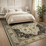 Opulent Ivory Black Persian Medallion Rug